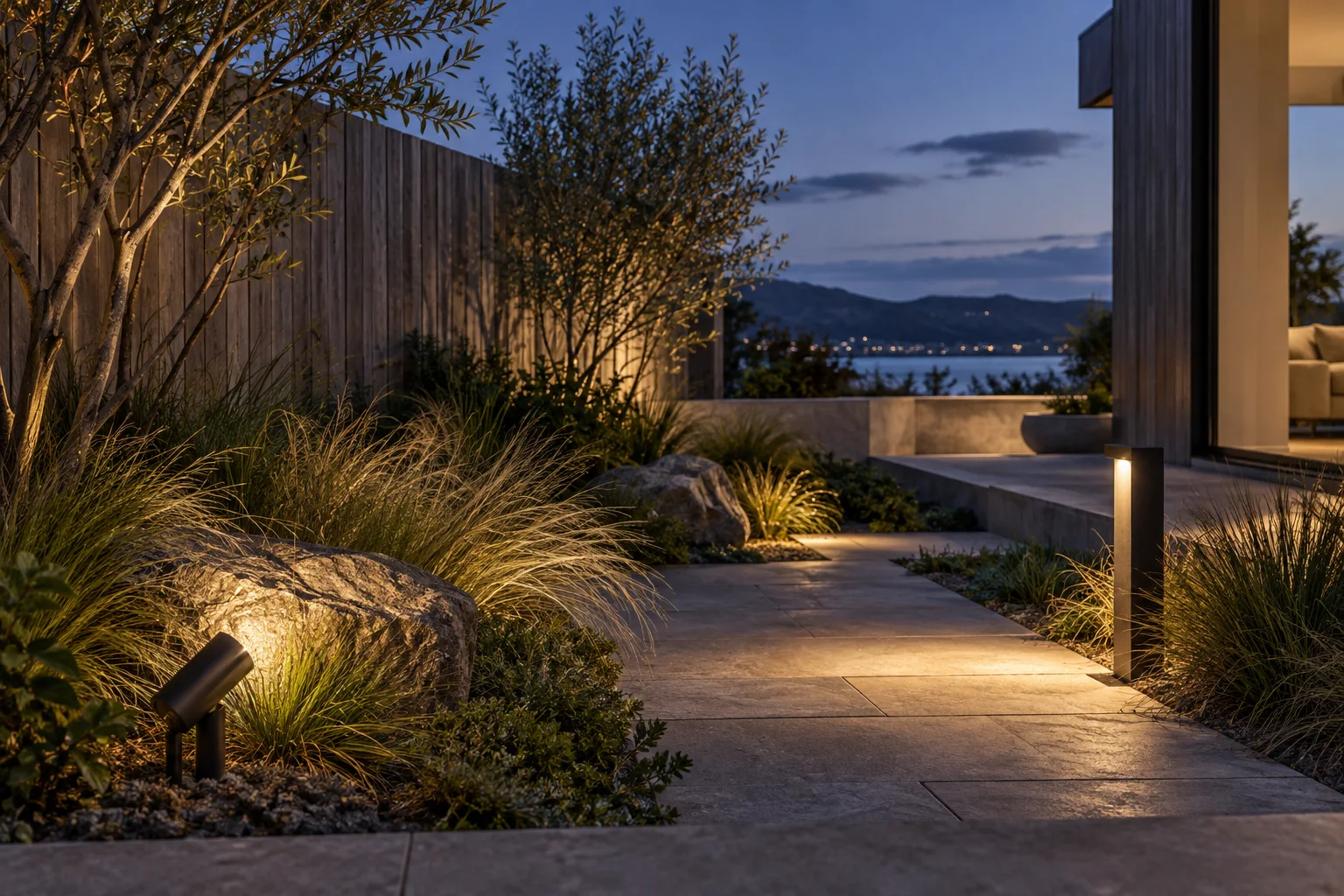 Concept coastal garden at blue hour with warm path lighting and illuminated planting