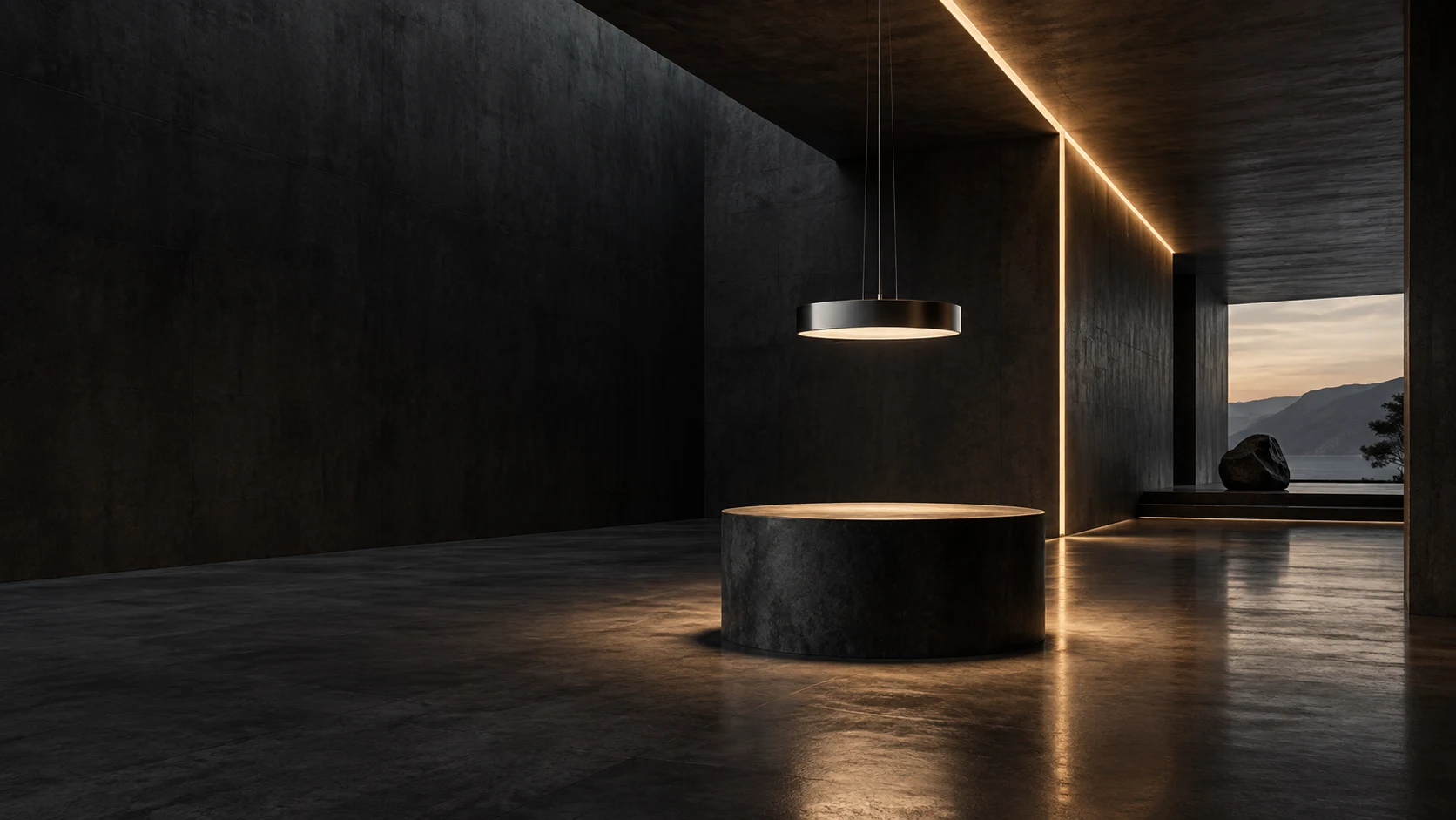 Architectural concept: warm recessed light illuminating a sculptural concrete gallery